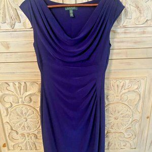 RARE Ralph Lauren Fitted Royal Blue Classy Ruched Slinky Below Knee Dress 10